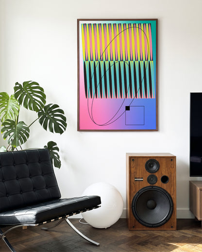 Color Module pop art abstract print in a walnut frame on a wall