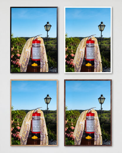 Fire photography art print shown in all frame colours