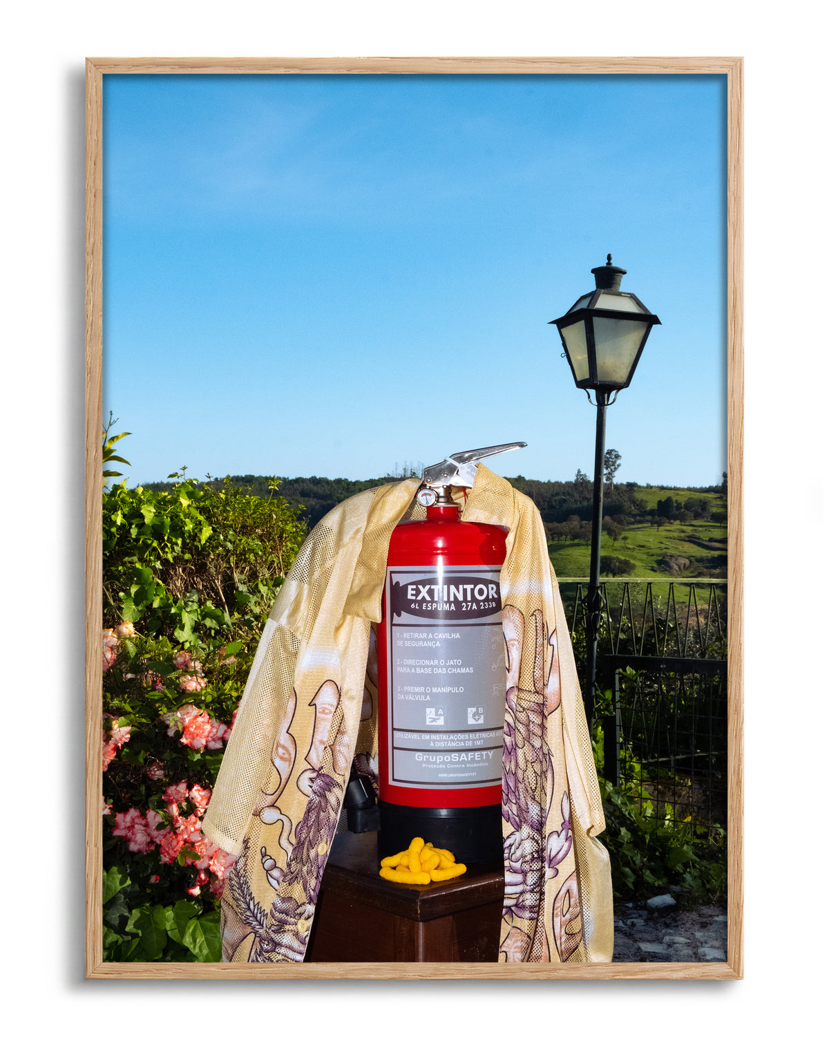 Fire photography art print in an oak frame