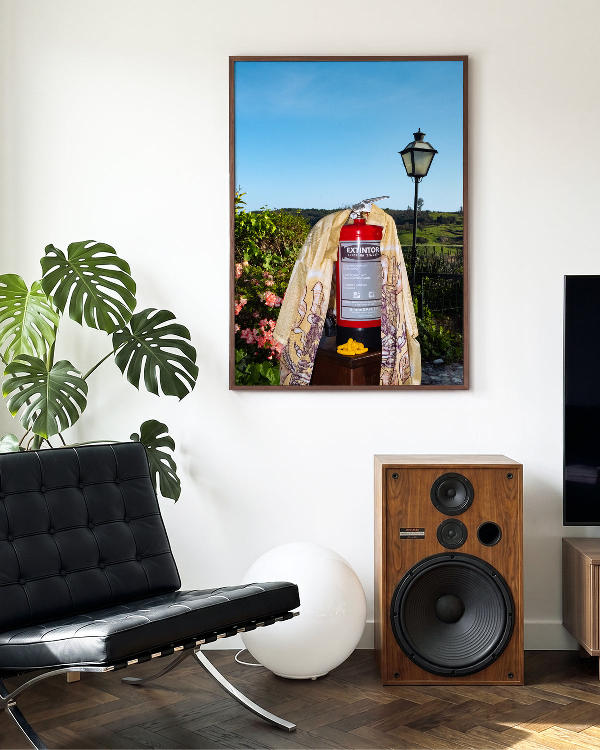 Fire photography art print in a walnut frame on a wall