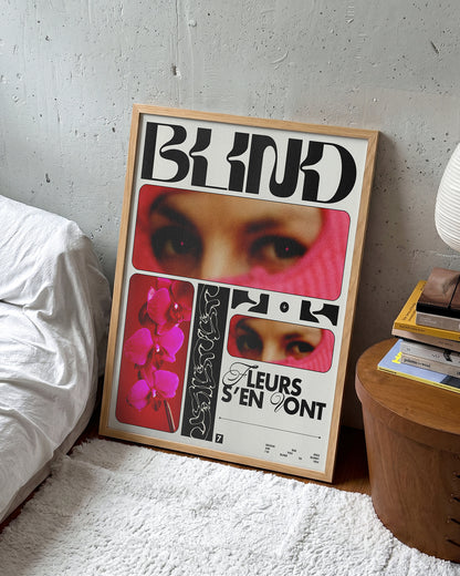 Blind typography graphic print in an oak frame on a wall
