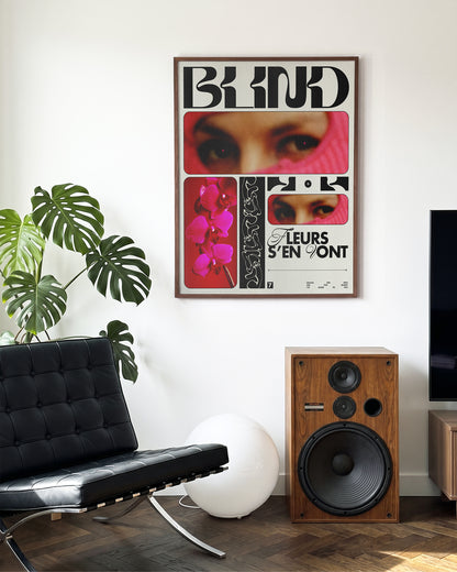 Blind typography graphic print in a walnut frame on a wall