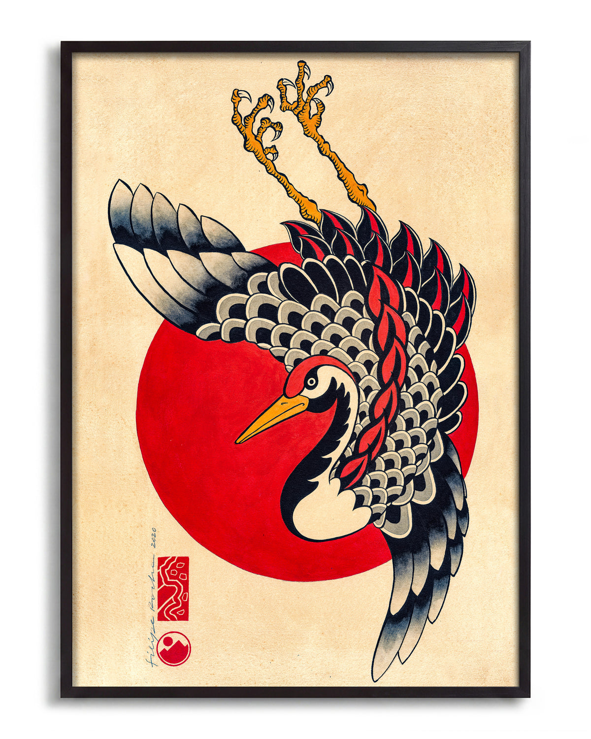Tsuru & Red Moon - no background framed - black