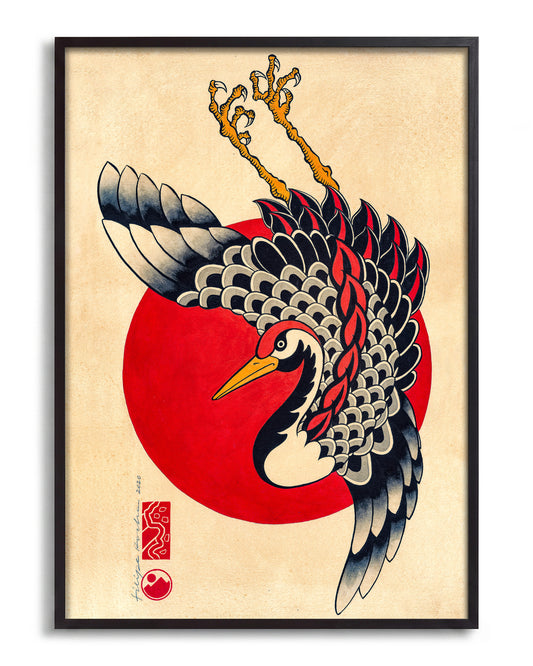 Tsuru & Red Moon - no background framed - black