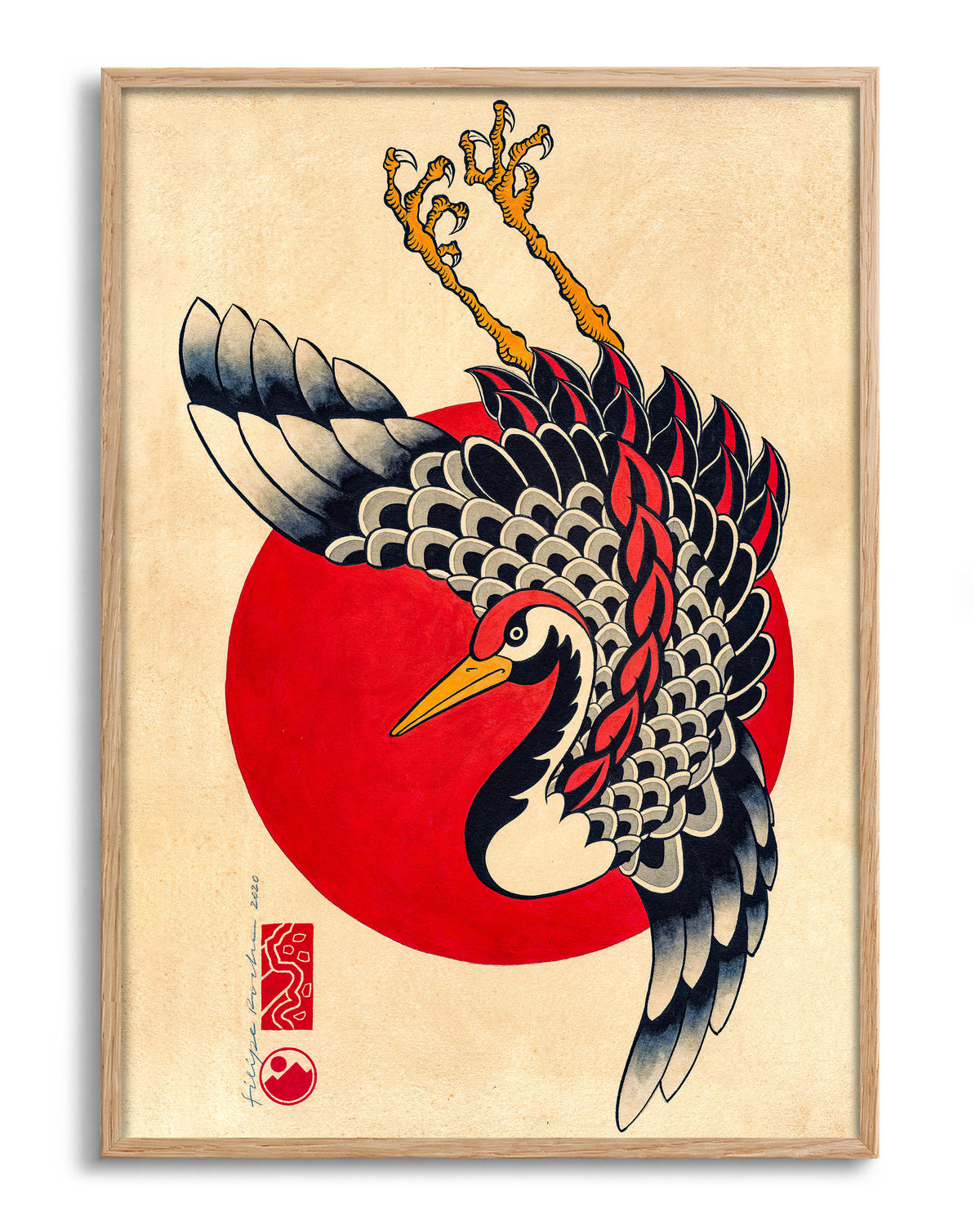 Tsuru & Red Moon - no background framed - oak