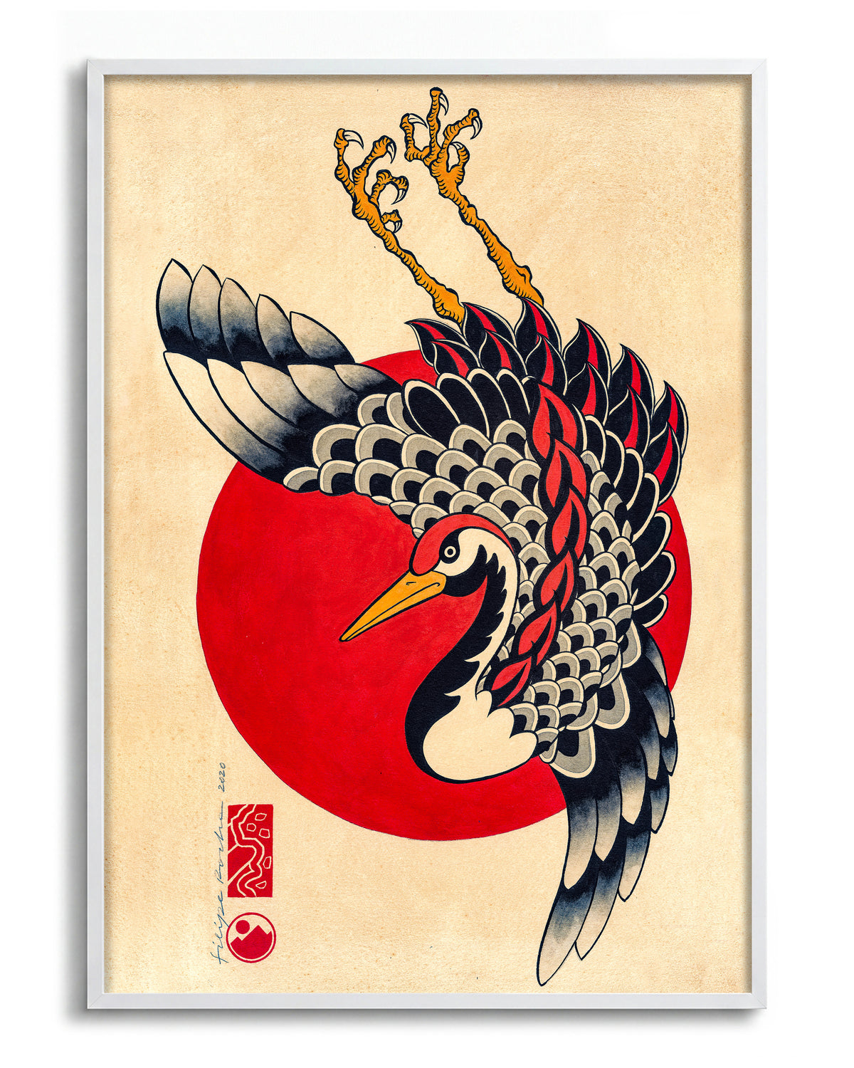 Tsuru & Red Moon - no background framed - white