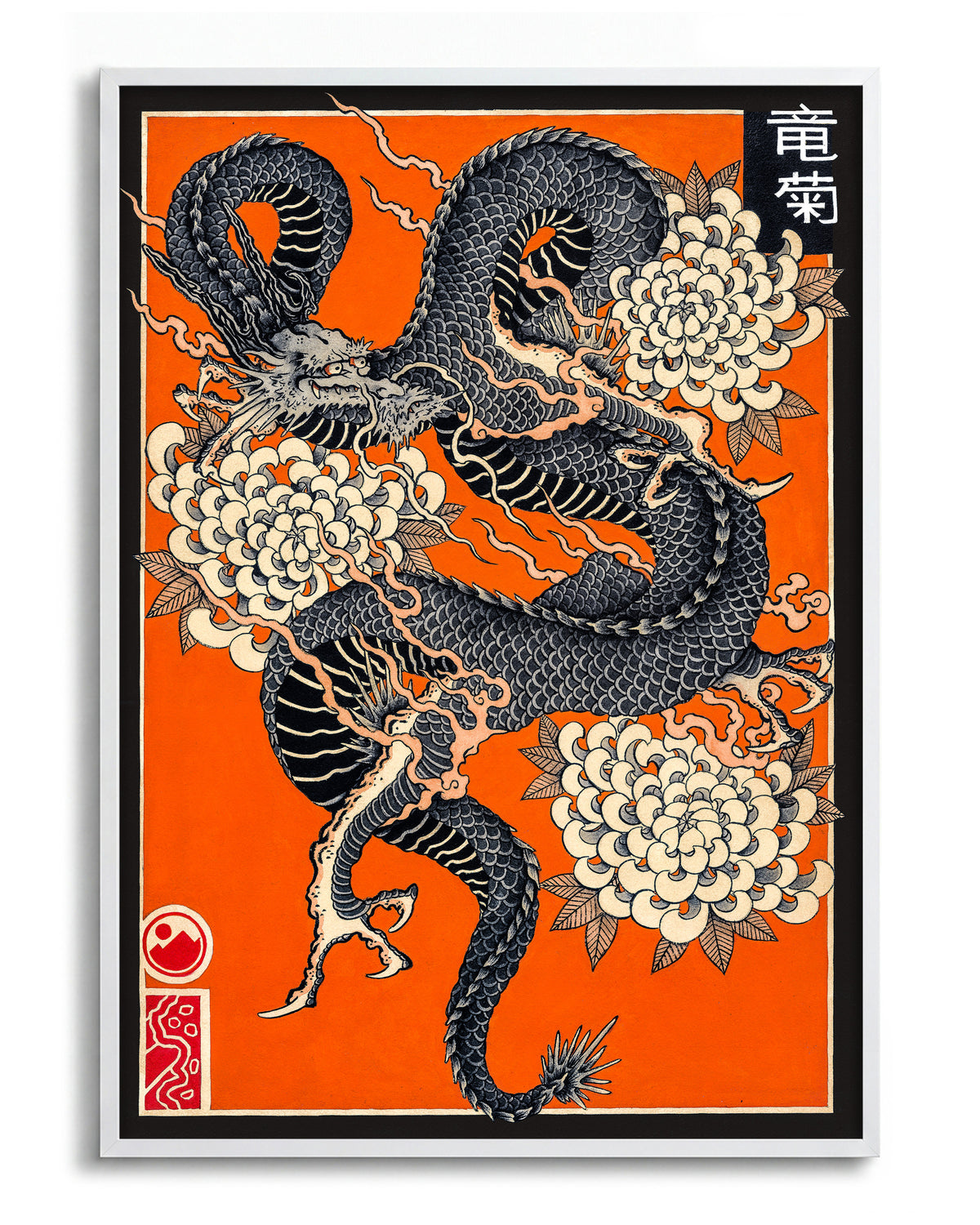 Dragon & Kiku - no background framed - white