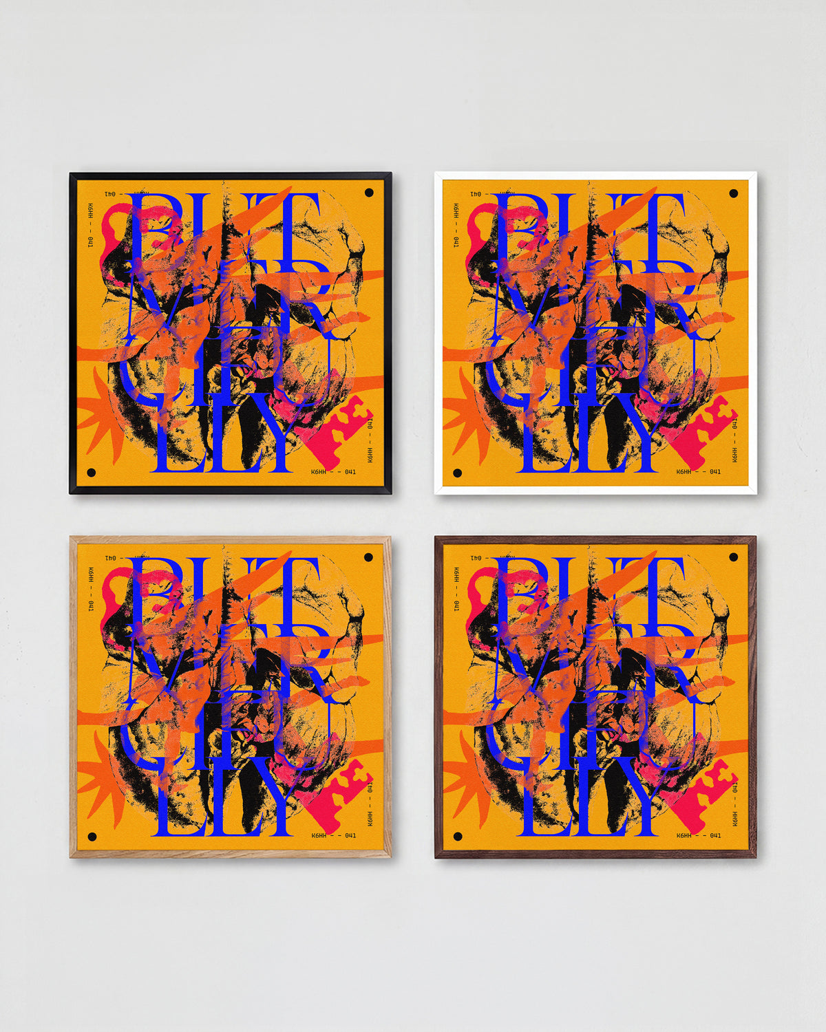 Acid Bite maximalist typography print shown in all frame colours