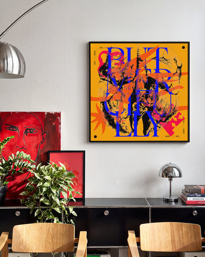 Acid Bite maximalist typography print in a black frame on a wall