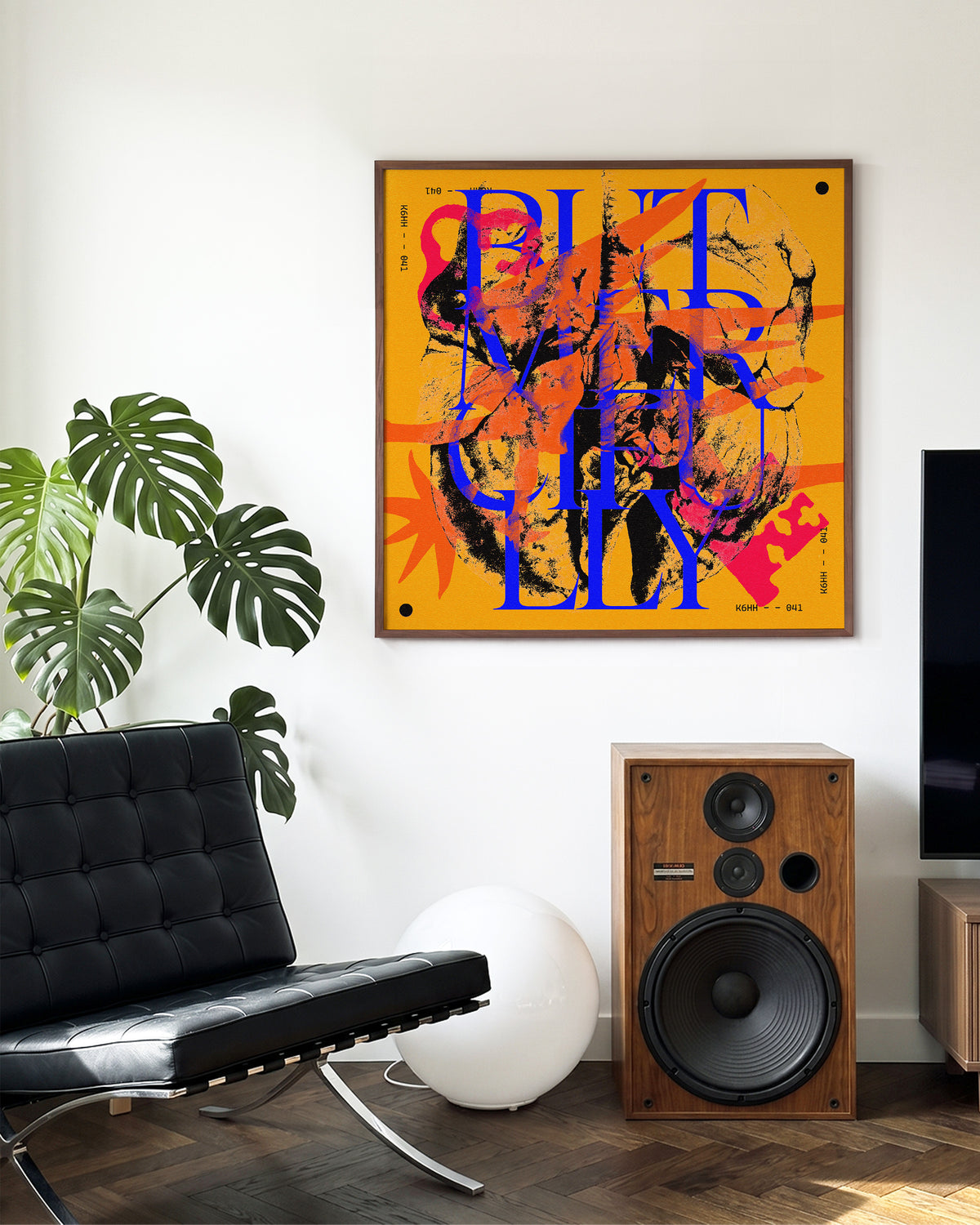 Acid Bite maximalist typography print in a walnut frame on a wall