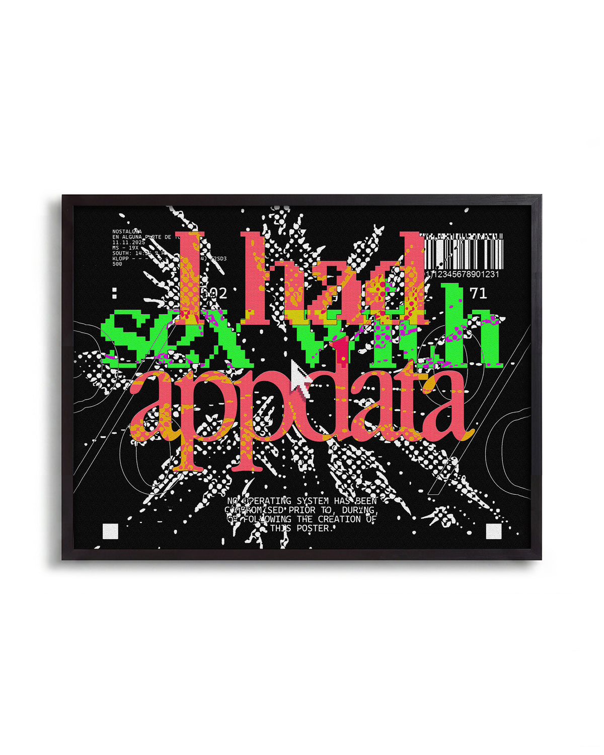 Appdata maximalist typography print in a black frame