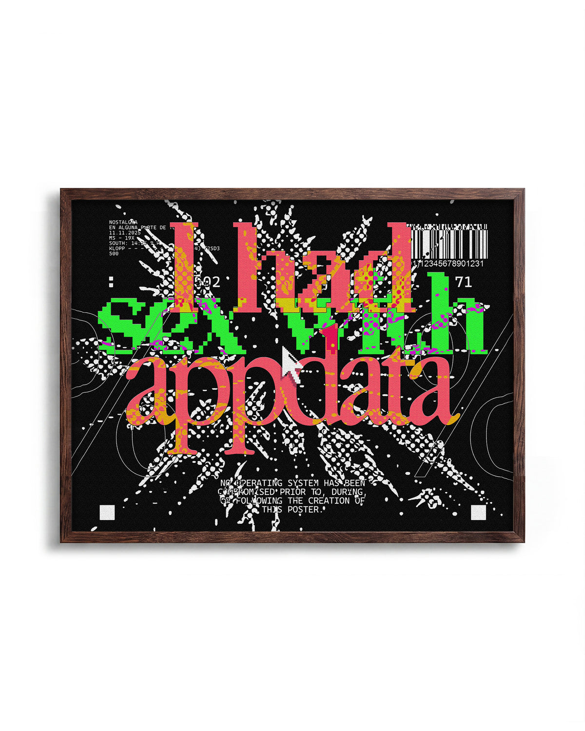 Appdata maximalist typography print in a walnut frame