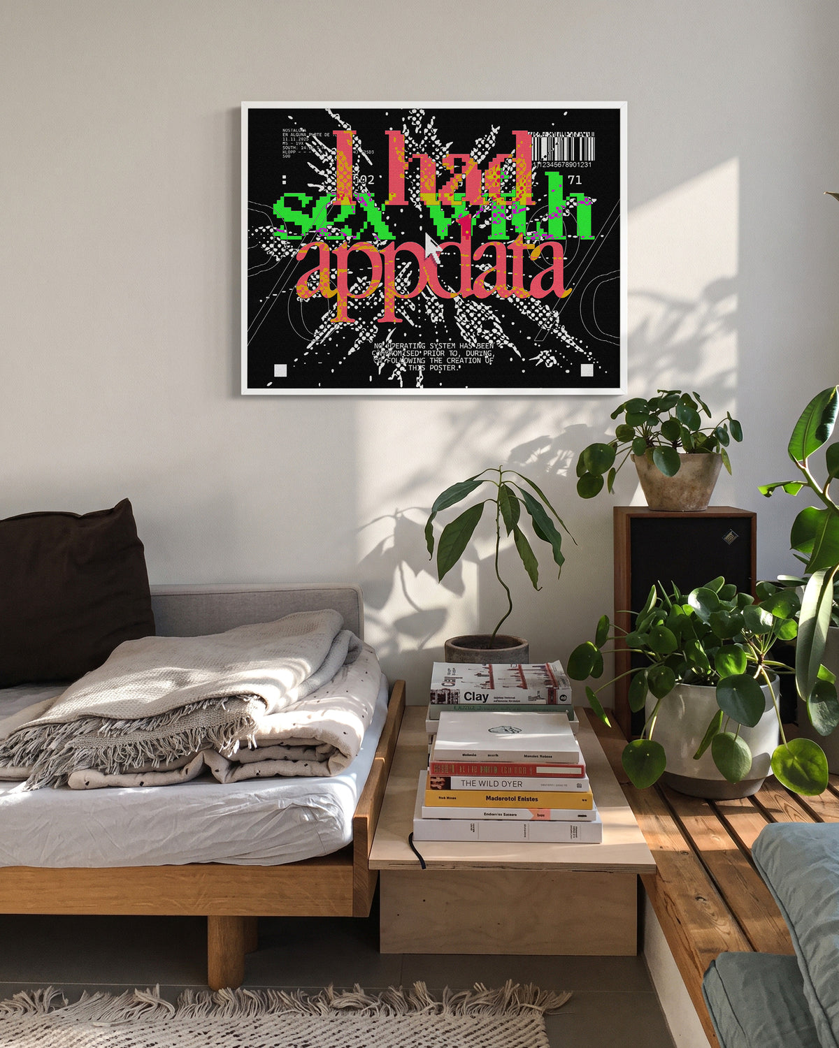 Appdata maximalist typography print in a white frame on a wall