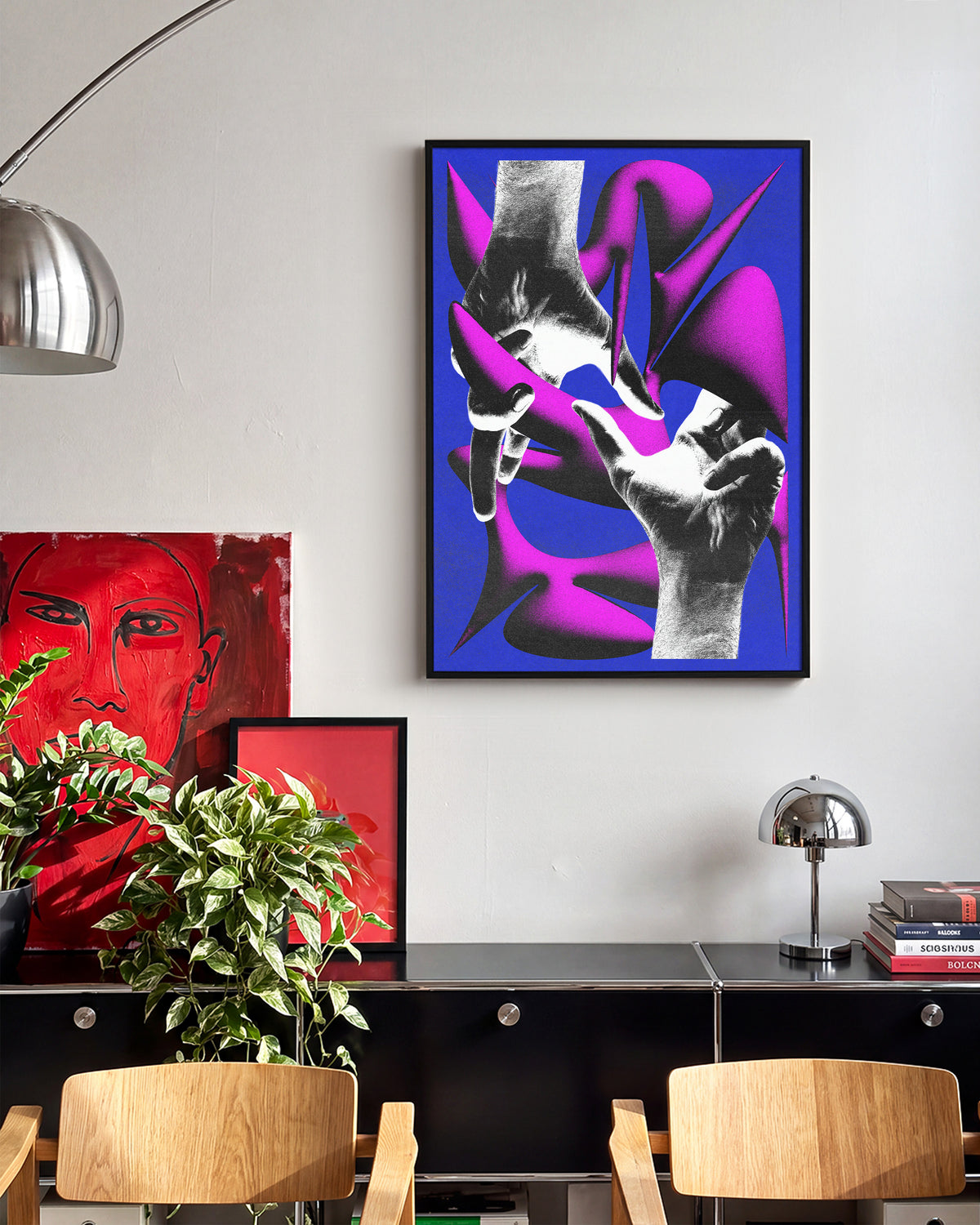 Love retro hand illustration print in a black frame on a wall
