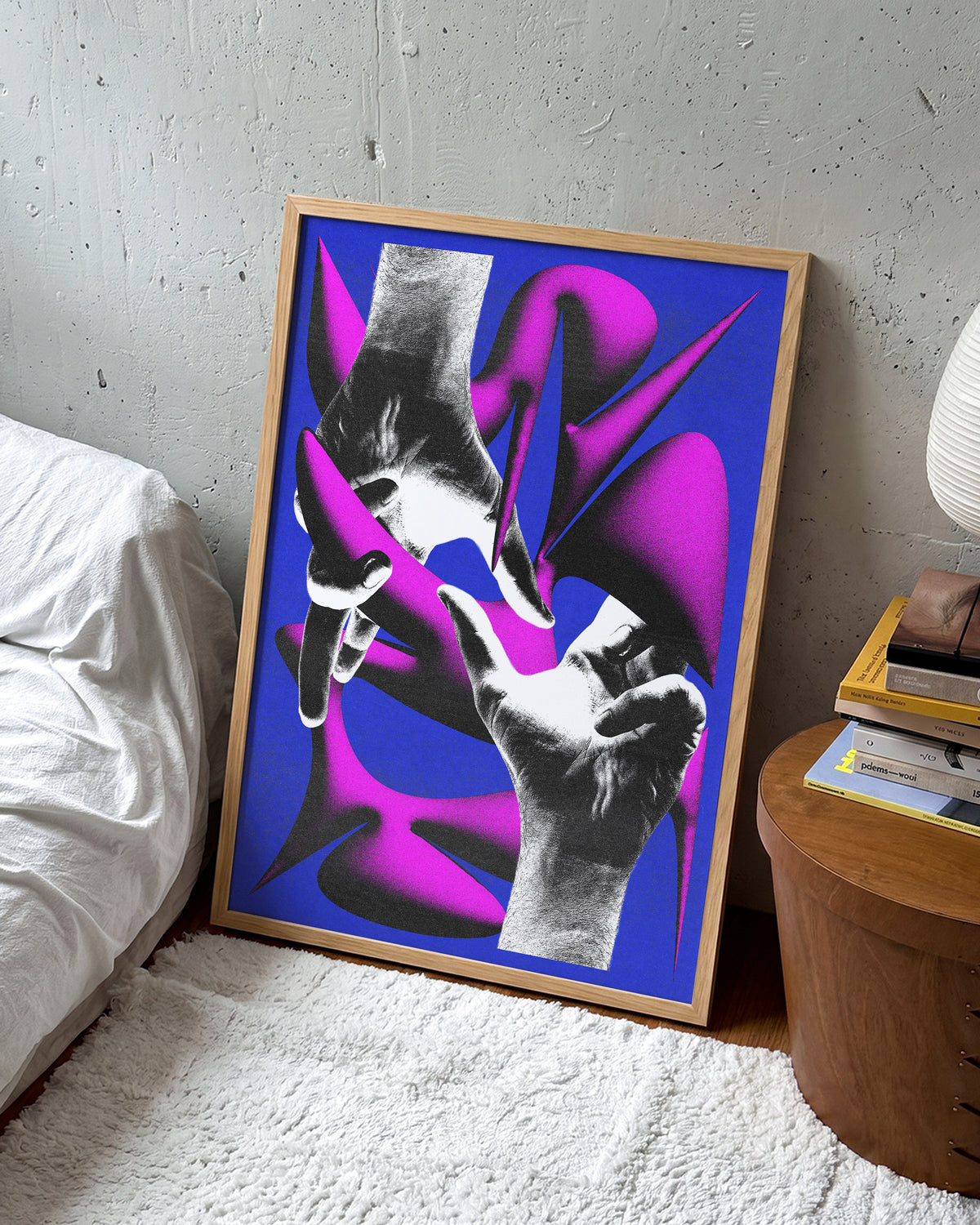 Love retro hand illustration print in an oak frame on a wall