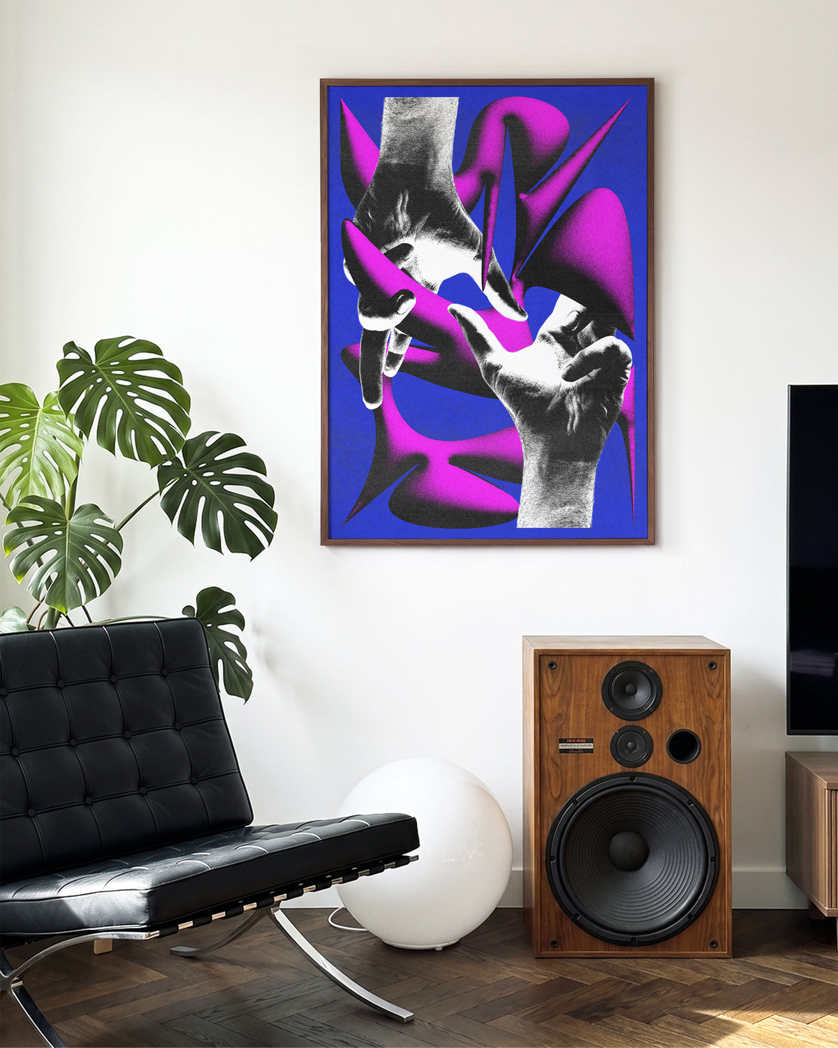 Love retro hand illustration print in a walnut frame on a wall