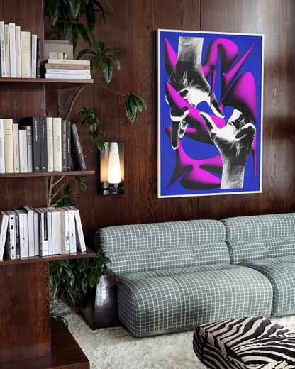Love retro hand illustration print in a white frame on a wall