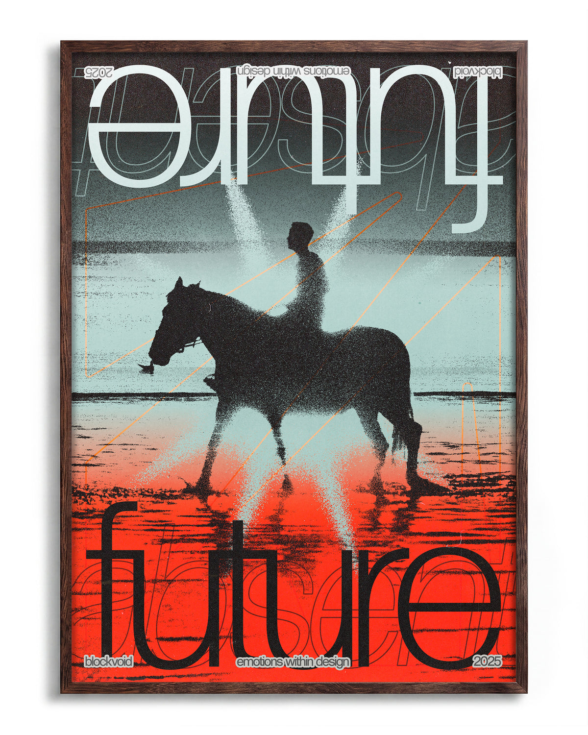 Future abstract typography poster in a walnut frame