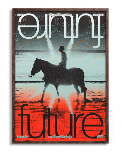 Future abstract typography poster in a walnut frame