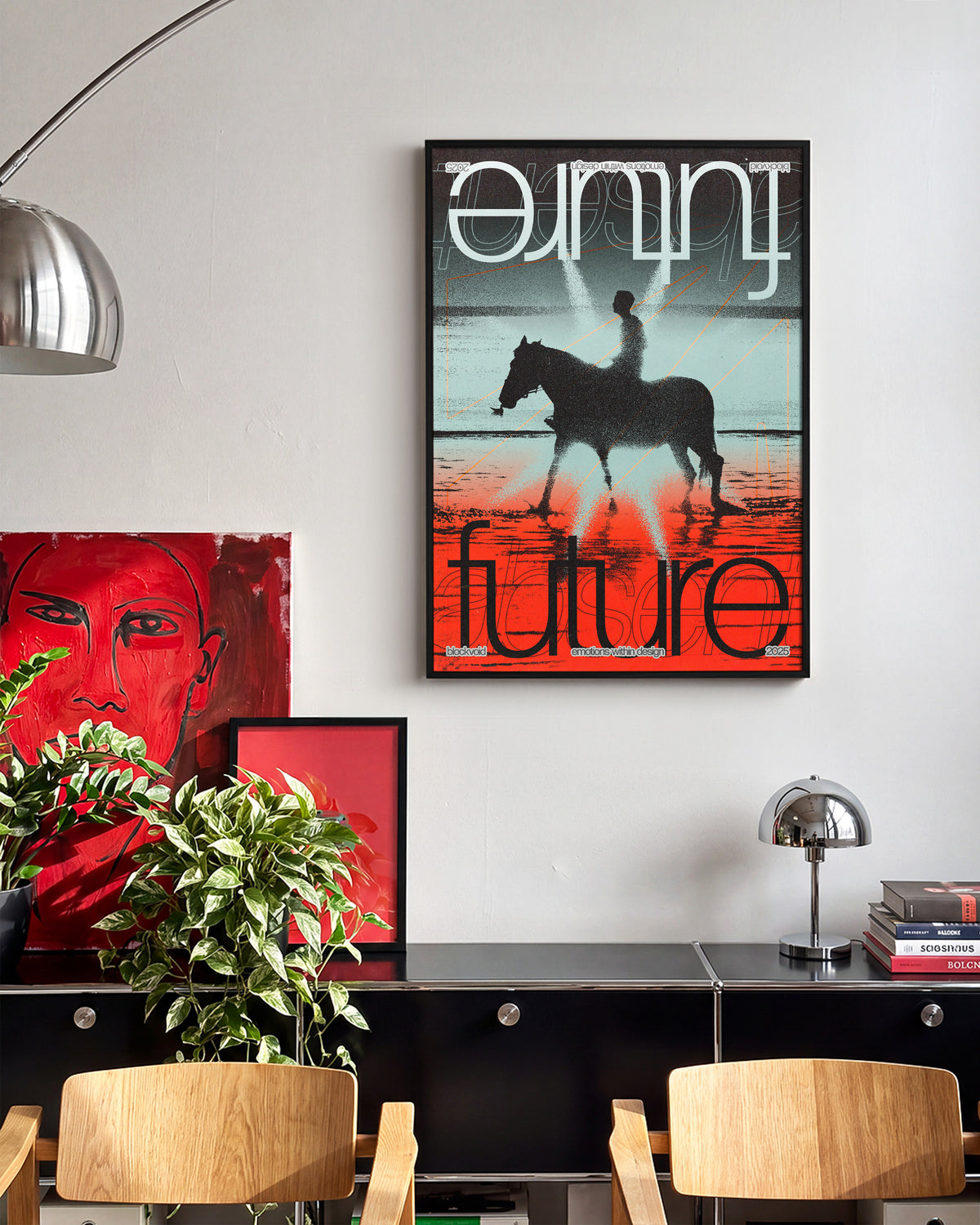 Future abstract typography poster in a black frame on a wall