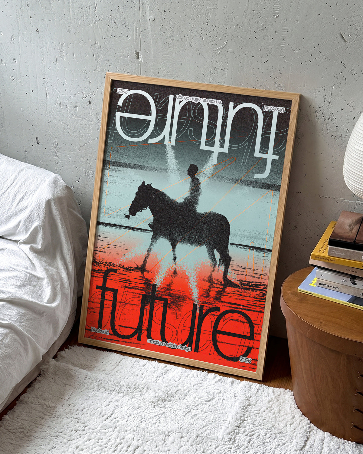 Future abstract typography poster in an oak frame on a wall