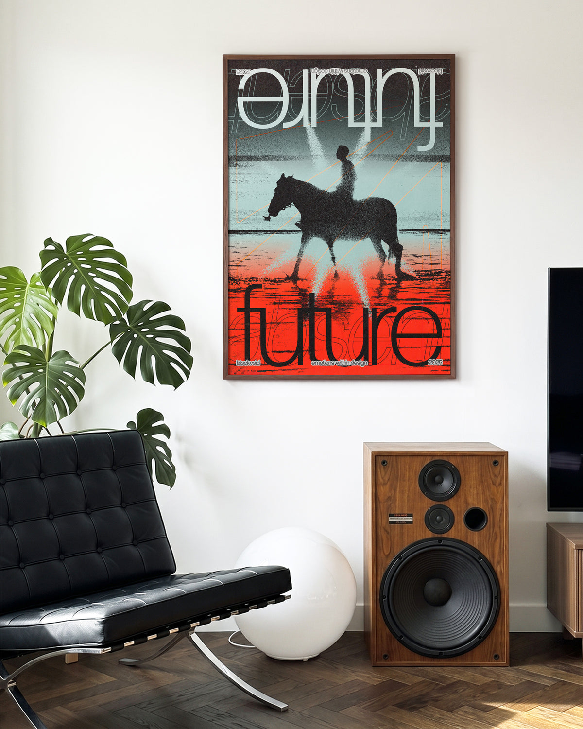 Future abstract typography poster in a walnut frame on a wall