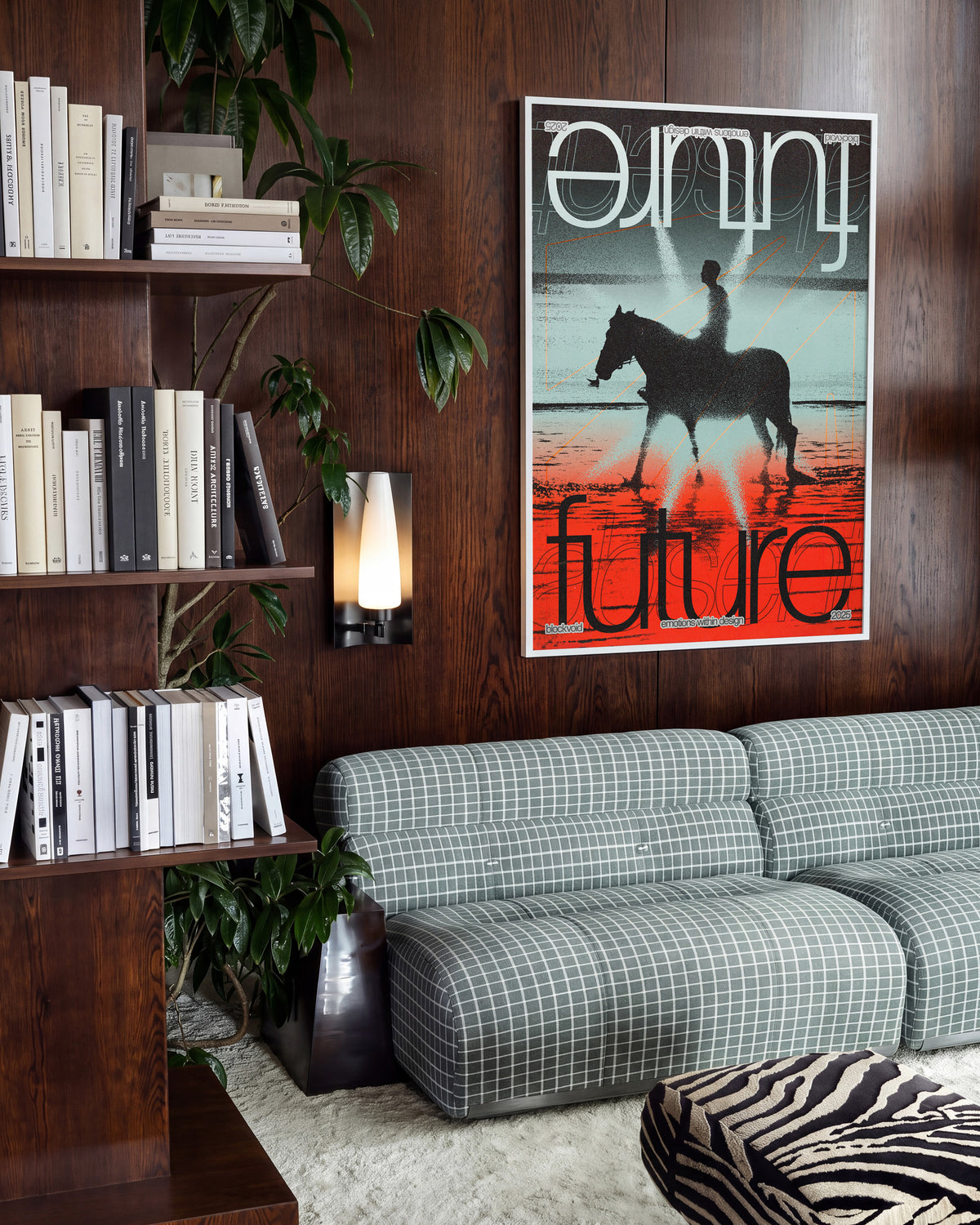 Future abstract typography poster in a white frame on a wall