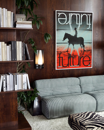 Future abstract typography poster in a white frame on a wall