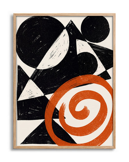 Ember Spiral abstract spiral art print in an oak frame