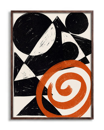 Ember Spiral abstract spiral art print in a walnut frame