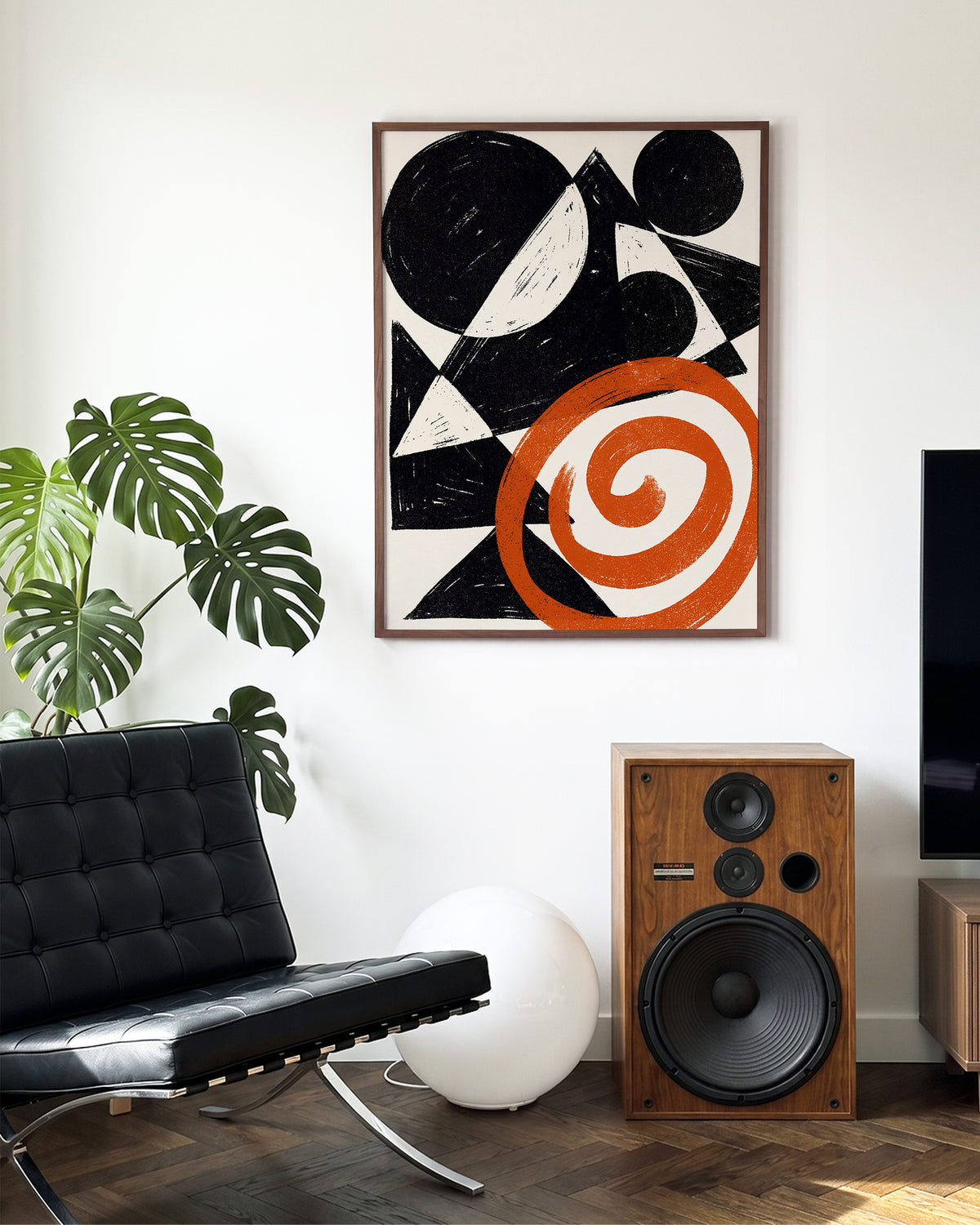 Ember Spiral abstract spiral art print in a walnut frame on a wall