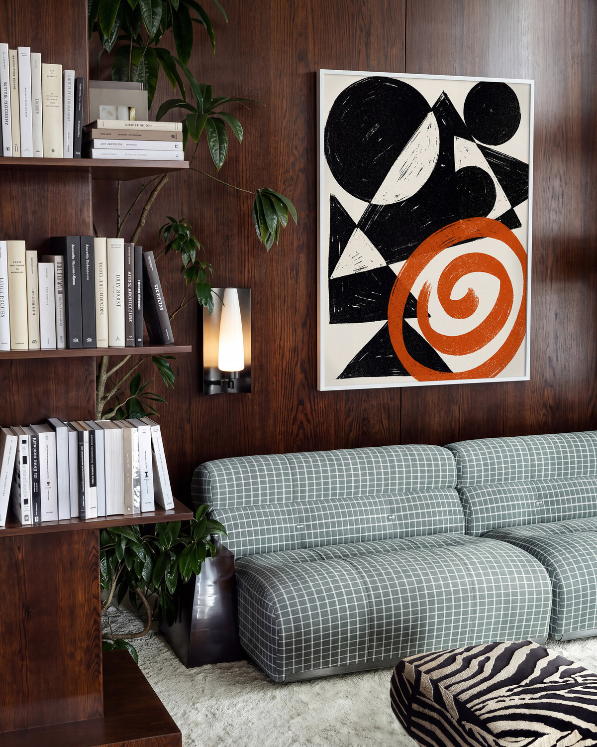 Ember Spiral abstract spiral art print in a white frame on a wall