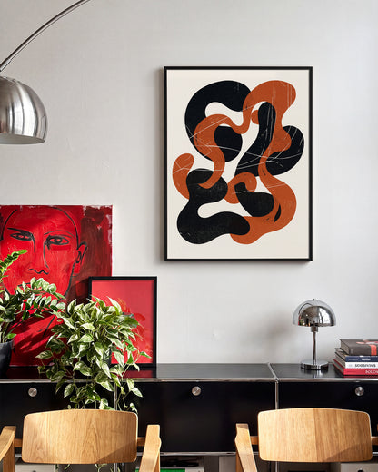Cinder Flow abstract art print in a black frame on a wall