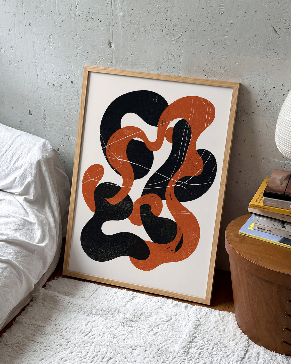 Cinder Flow abstract art print in an oak frame on a wall
