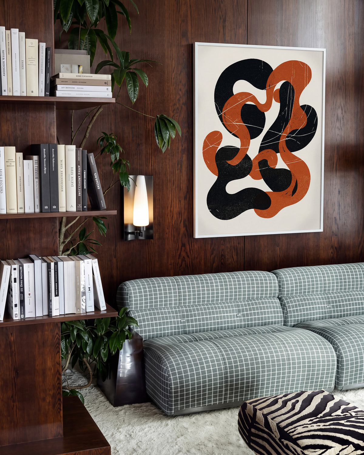 Cinder Flow abstract art print in a white frame on a wall