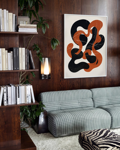 Cinder Flow abstract art print in a white frame on a wall