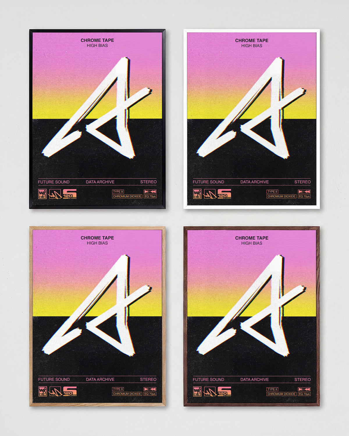 Chrome Tapes geometric typography poster shown in all frame colours