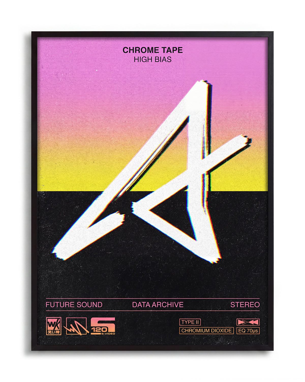 Chrome Tapes geometric typography poster in a black frame