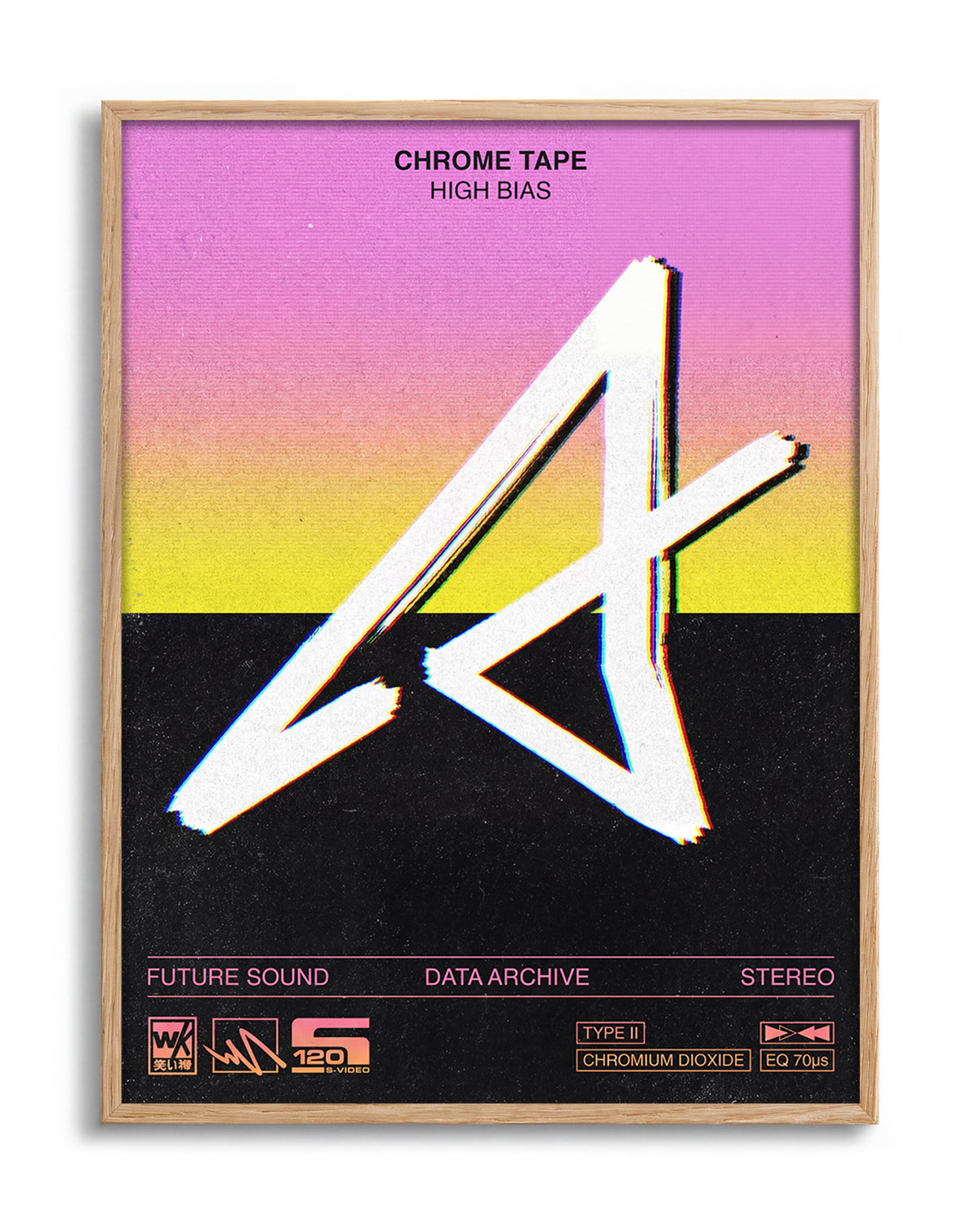 Chrome Tapes geometric typography poster in an oak frame