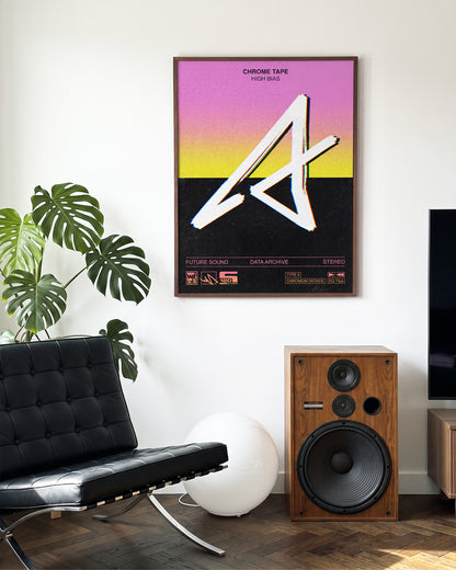 Chrome Tapes geometric typography poster in a walnut frame on a wall