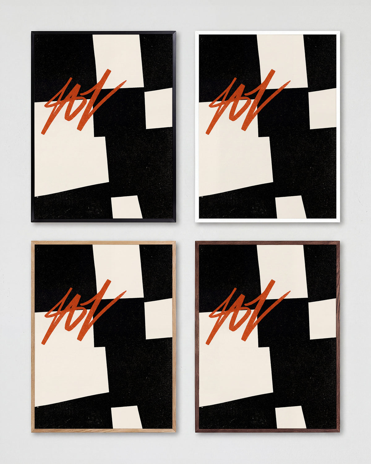 Blockout geometric abstract poster shown in all frame colours