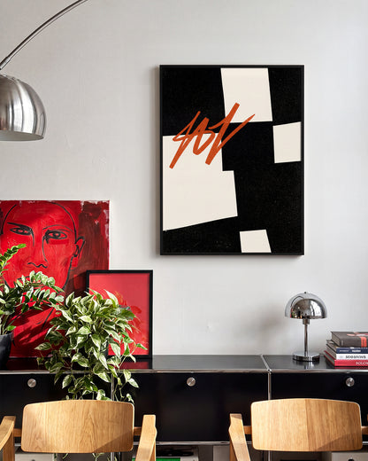 Blockout geometric abstract poster in a black frame on a wall