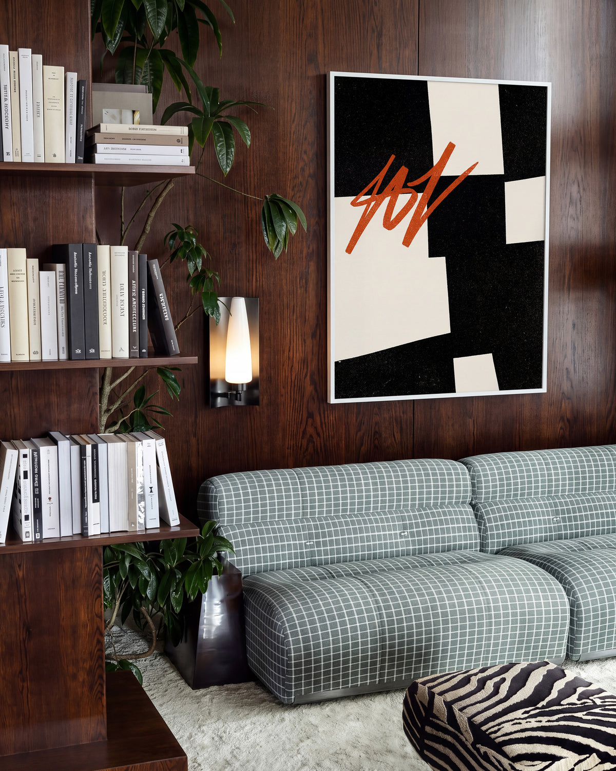 Blockout geometric abstract poster in a white frame on a wall