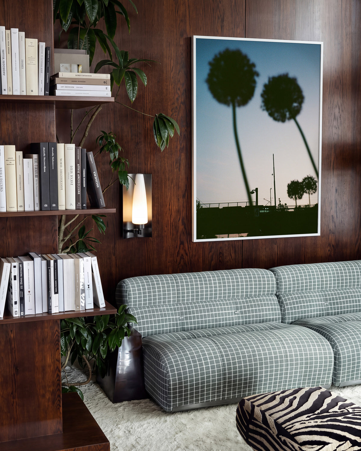 Blue hour minimalist landscape photography print in a white frame on a wall