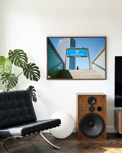 Alexanderplatz Berlin photography print in a walnut frame on a wall