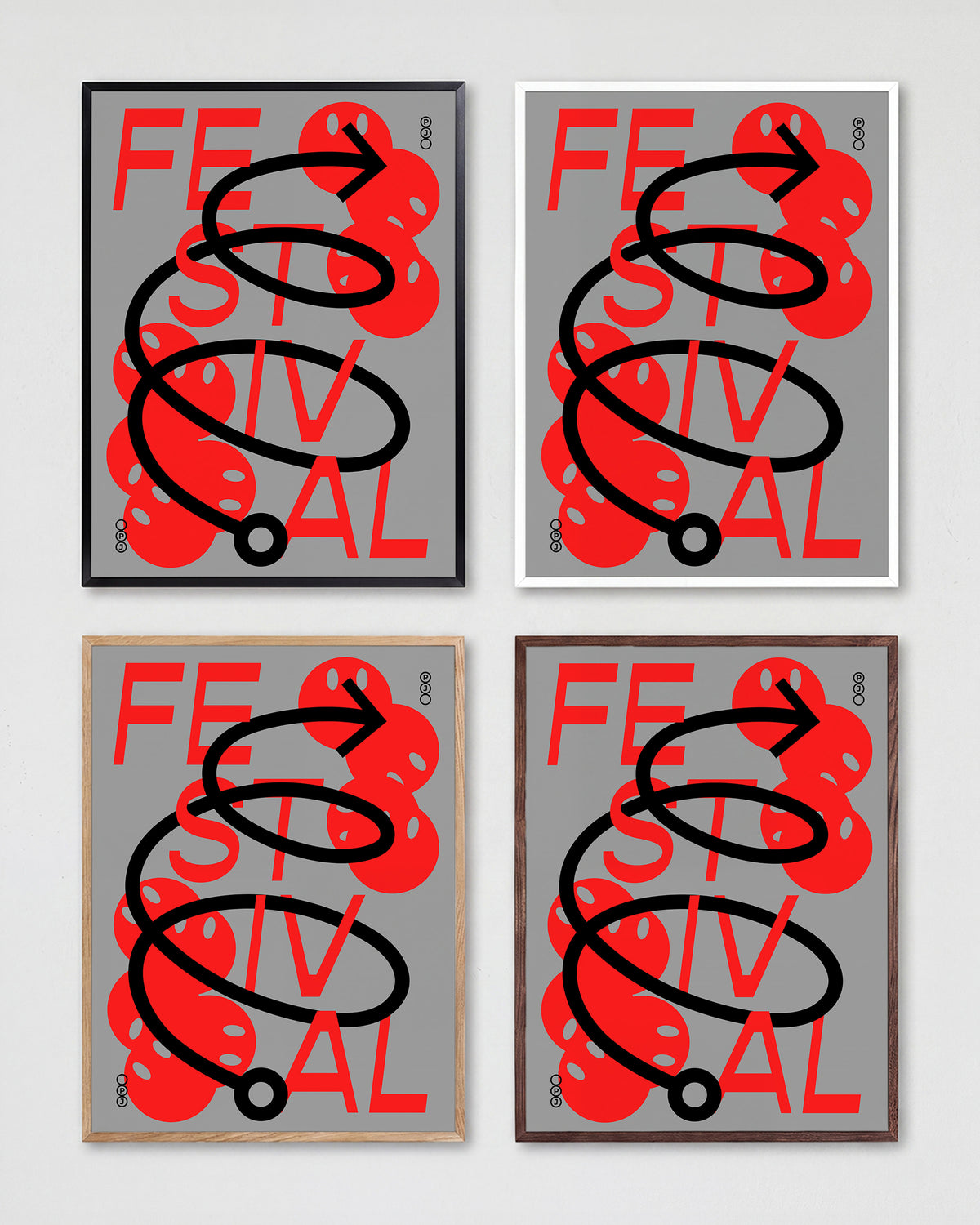 Festival Jerome Bizien typography print shown in all frame colours