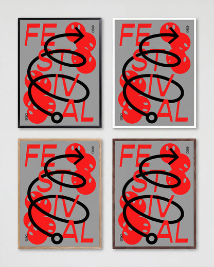 Festival Jerome Bizien typography print shown in all frame colours