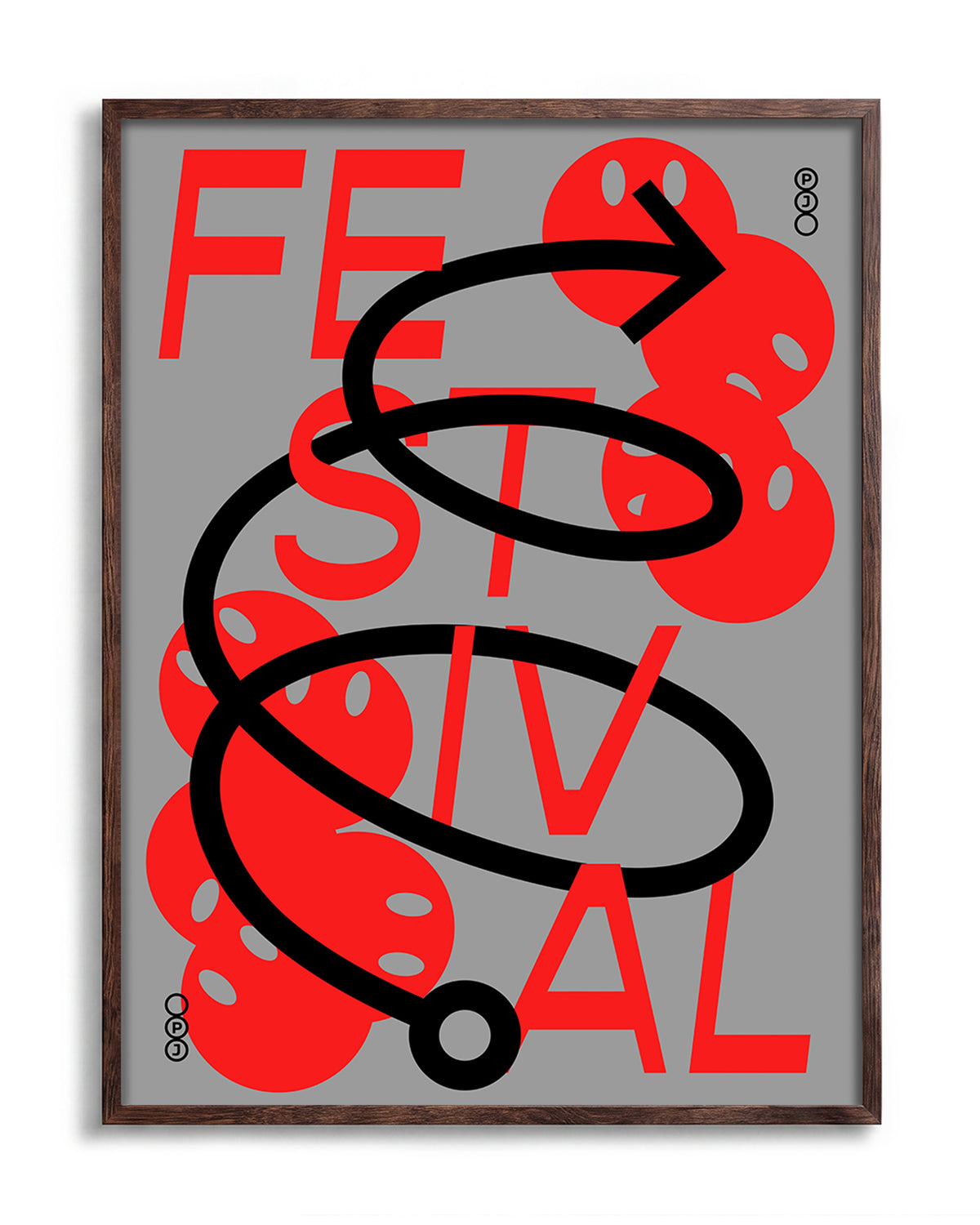Festival Jerome Bizien typography print in a walnut frame