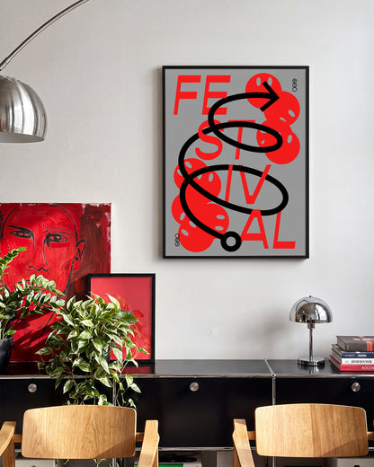 Festival Jerome Bizien typography print in a black frame on a wall