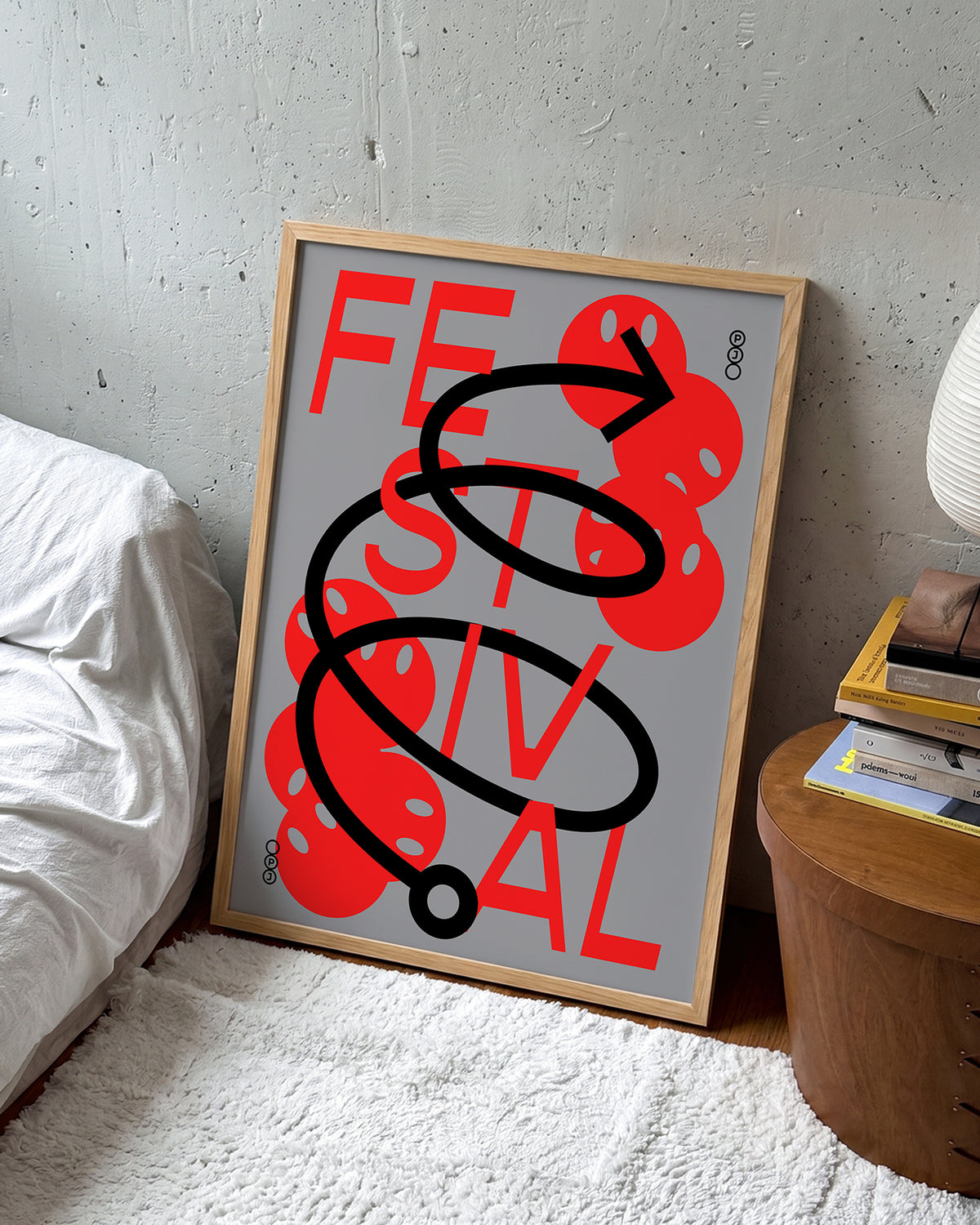 Festival Jerome Bizien typography print in an oak frame on a wall